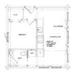 Floor plan of the Little Twig 400 Cedar Log home kit, featuring layout for bedroom, kitchen, and bathroom areas, designed for DIY assembly.