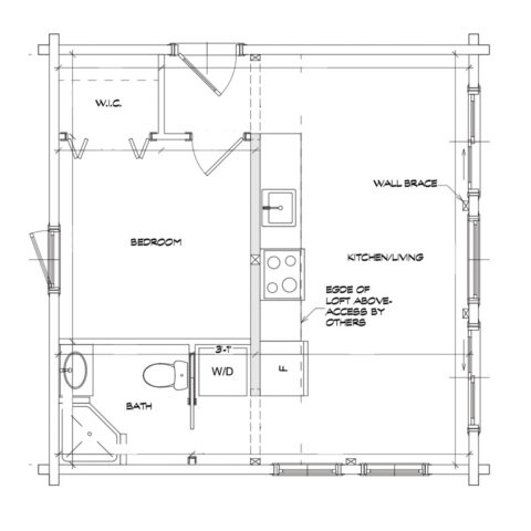 Floor plan of a 400 sqft Little Twig Cedar Log home featuring a bedroom, bath, and open kitchen/living area, designed for efficient modern living.