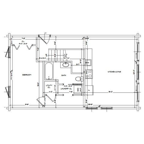 Floor plan layout of a 950sqft Little Twig home featuring a bedroom, bathroom, utility space, and open kitchen/living area, designed for efficient living and customizable options.