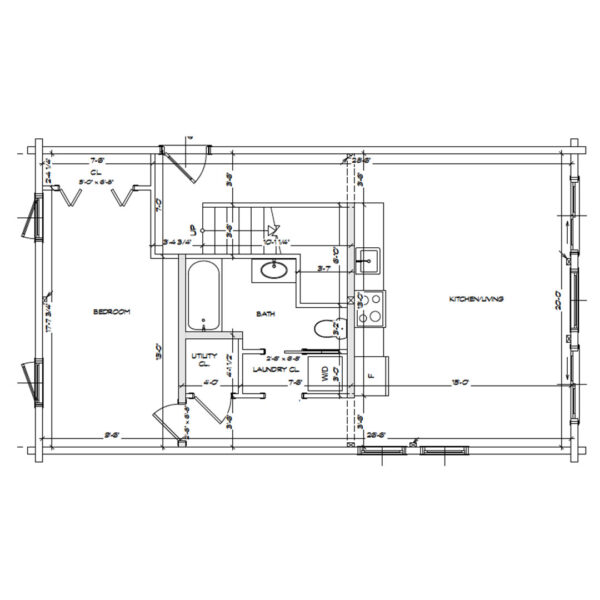 Floor plan of a 950 sqft Cedar Log home featuring a bedroom, bathroom, utility room, laundry area, and kitchen/living space, relevant to Little Twig Homes' premium home kits.
