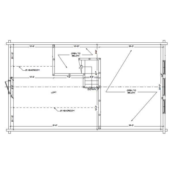 Floor plan layout of the Little Twig 950 Cedar Log home kit, showcasing room dimensions, loft area, and open spaces for DIY assembly.