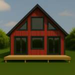 Little Twig 400 SIP home kit with red exterior, large front windows, and wooden deck in a natural setting, showcasing DIY assembly potential for eco-conscious living.