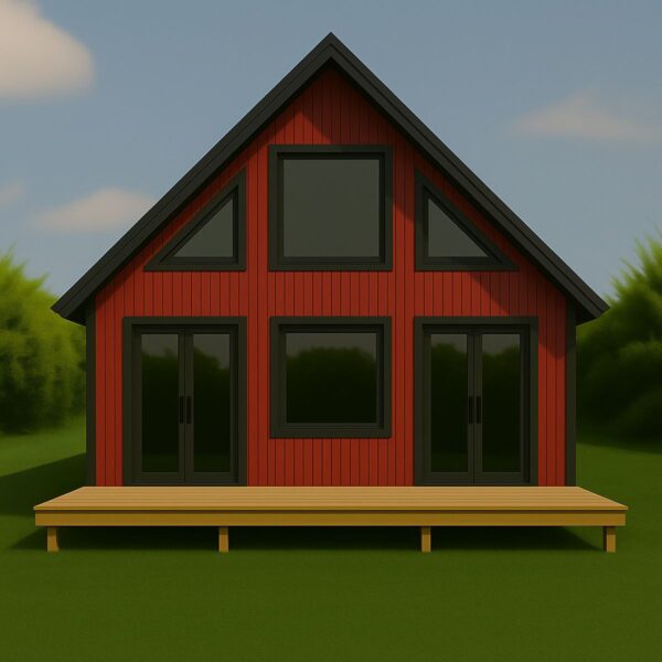 Red DIY home kit showcasing a modern design with large windows, a porch, and a triangular roof, ideal for Little Twig 400 SIP home assembly.