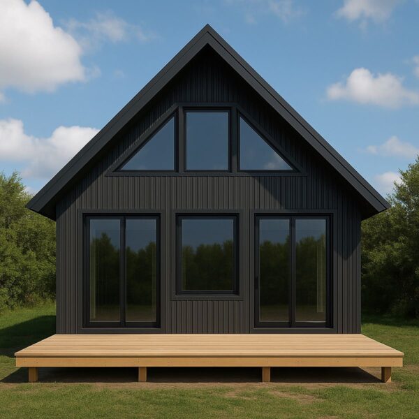 Little Twig 400 SIP home kit exterior view, featuring a modern black design, large windows, and a wooden deck, set in a natural landscape.