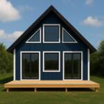 Little Twig 400 SIP home kit featuring a modern blue exterior, large windows, and a wooden deck, designed for DIY assembly and suitable for up to four occupants.