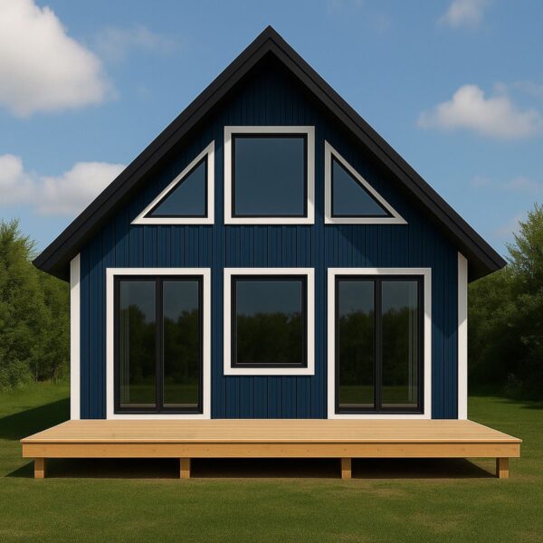 DIY home kit exterior view of Little Twig 400 SIP house featuring blue siding, large windows, and a wooden deck, set in a green landscape.