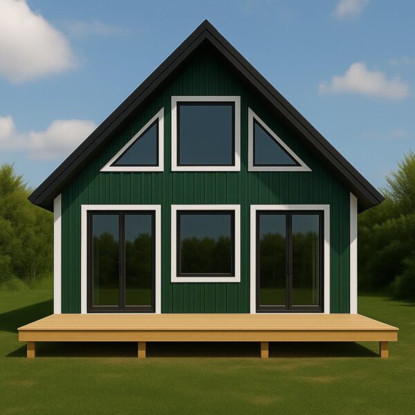 Green DIY home kit with large windows and a front deck, designed for assembly using Structural Insulated Panels, suitable for up to four occupants.