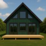 Green DIY home kit from Little Twig Homes with large front windows and a wooden deck, designed for assembly on-site.