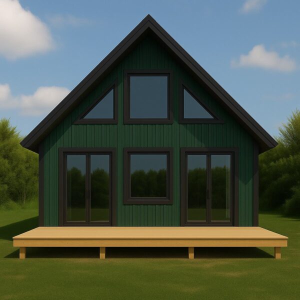 Little Twig 400 SIP home kit featuring a green exterior, large windows, and a front porch, set in a natural landscape, ideal for DIY assembly.