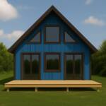 DIY home kit model of Little Twig 400 SIP, featuring blue exterior, large front windows, and a wooden deck, set in a green landscape.