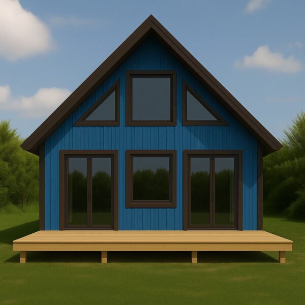 Little Twig 400 SIP home kit featuring a blue exterior, large windows, and a front deck, set in a green landscape, emphasizing DIY assembly for eco-conscious living.