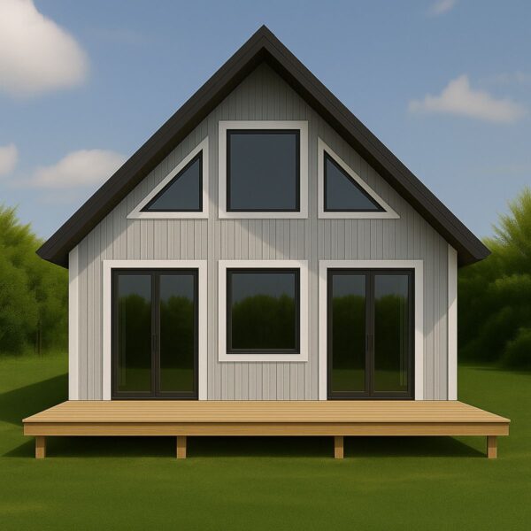 Little Twig 400 SIP home kit with modern design, featuring large windows, a wooden deck, and a gabled roof, set in a green landscape, ideal for DIY assembly.