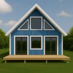 Little Twig 400 SIP home kit exterior view, featuring blue metal siding, large windows, and a front porch, showcasing a DIY assembly design for eco-conscious living.