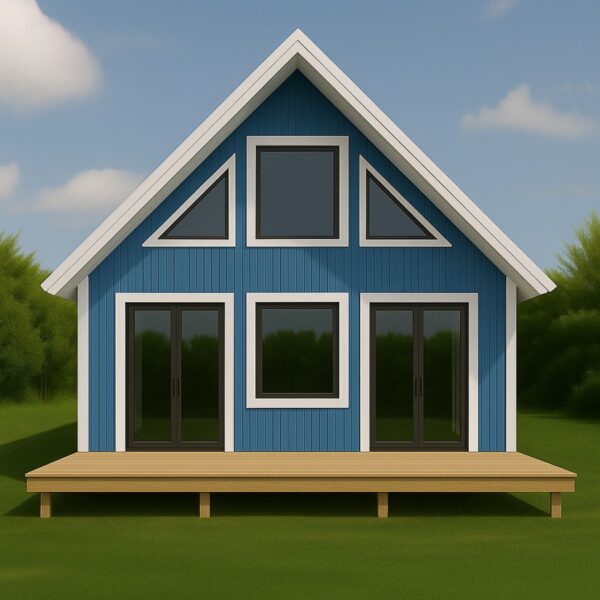 Blue DIY home kit design featuring a front view with large windows, a deck, and a sloped roof, suitable for the Little Twig 400 SIP model.