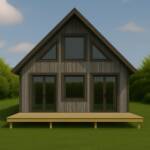 Little Twig 400 SIP home kit design featuring a modern A-frame structure with large windows and a front deck, set in a green landscape, showcasing DIY assembly potential.