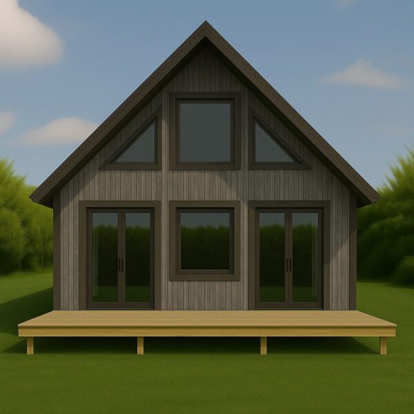 Little Twig 400 SIP home kit with a modern design, featuring large windows, wood siding, and a front porch, set in a green landscape.