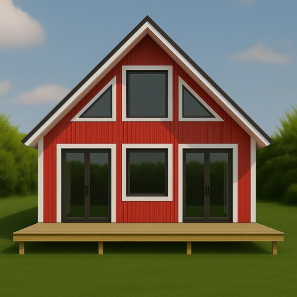 Red DIY home kit featuring a sloped roof, large windows, and a wooden deck, ideal for eco-conscious living and assembly with Structural Insulated Panels (SIPs).