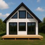 Little Twig 400 SIP home kit with a modern design, featuring large windows, a peaked roof, and a wooden deck, set in a green landscape.