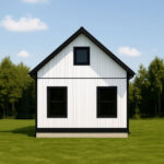 Back view of a Little Twig 400 SIP home kit with a white exterior, black trim, and windows, set in a grassy area, showcasing DIY construction potential for eco-conscious living.