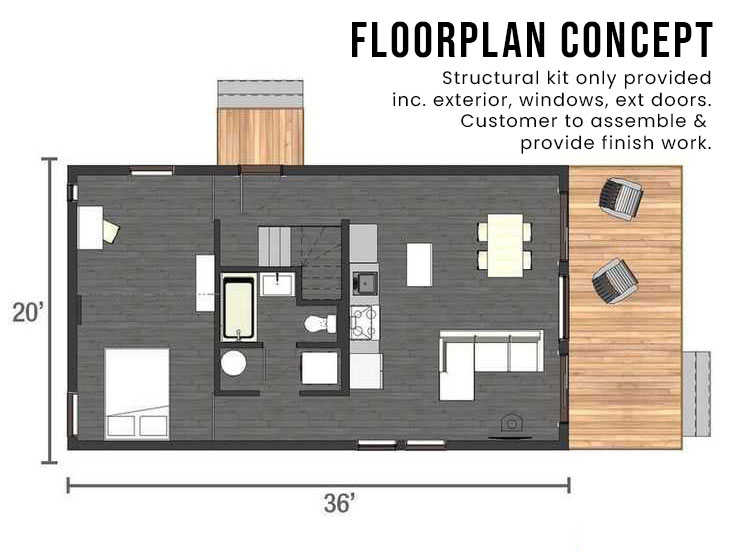 Floor plan concept for Little Twig 950 Cedar Log home kit, showcasing layout with designated areas for kitchen, living space, bathroom, and loft, emphasizing DIY assembly and customization options.