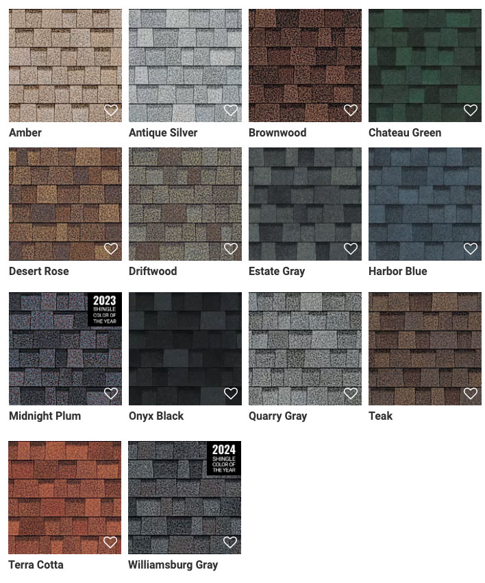 Roof shingle color options for Little Twig Homes, featuring a variety of curated colors including Amber, Antique Silver, Brownwood, Chateau Green, and more, showcased in a grid layout.