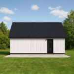 Little Twig 400 SIP home kit, side view, featuring a black roof and white siding, set in a green yard, showcasing DIY assembly potential for eco-conscious living.