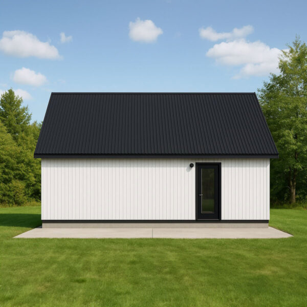 Little Twig 400 SIP home kit exterior view featuring a black metal roof, white panel siding, and a black front door on a grassy landscape.