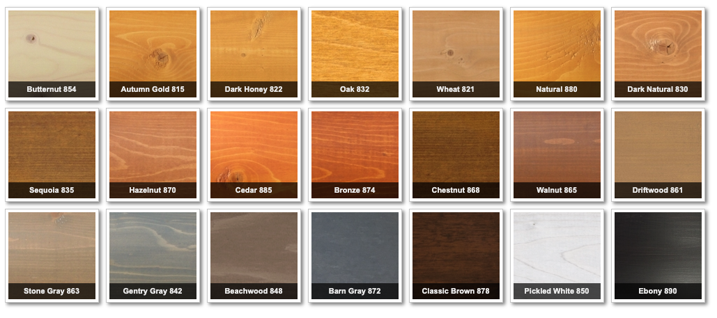 Stain color options for cedar logs, featuring a variety of shades including Butternut, Autumn Gold, Dark Honey, Oak, and more, relevant to Little Twig Homes' DIY cedar log home kits.