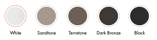 Andersen 100 Series window color options: White, Sandtone, Terratone, Dark Bronze, and Black, showcasing customization choices for Little Twig Homes DIY cedar log kits.
