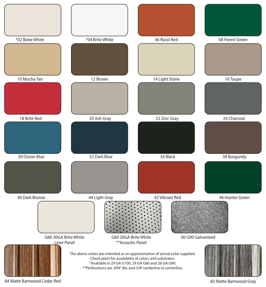 Metal color options for roofing, siding, and trim from Little Twig Homes, featuring a curated palette including shades like Brite Red, Ocean Blue, and Dark Bronze, designed for eco-friendly DIY home kits.